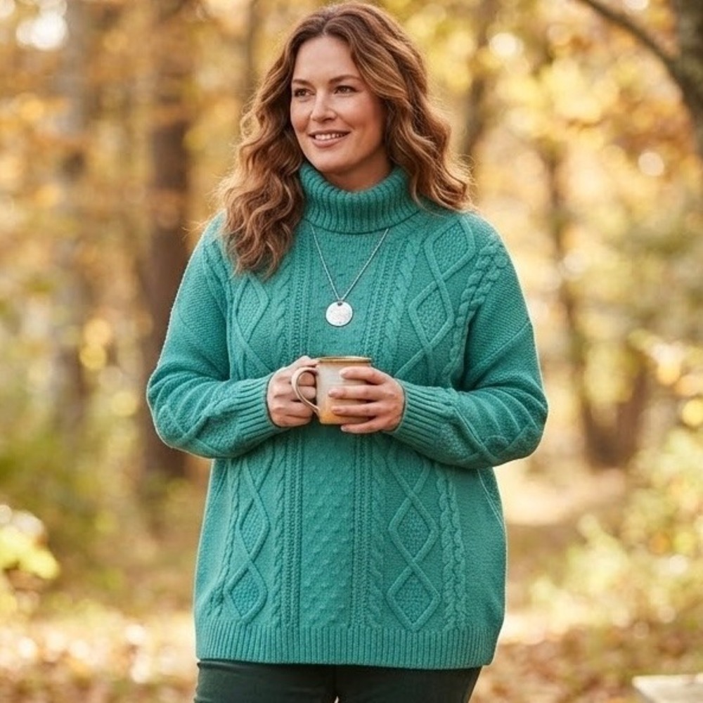 Lands End Teal Green Cable Knit Turtleneck Sweater Cotton Wool Blend 1X 16W-18W